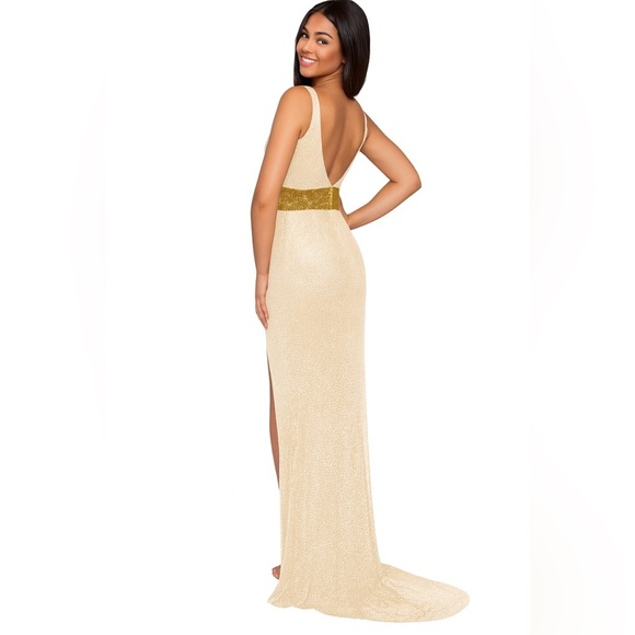 Mac Duggal Beaded V-Neck Evening Gown Gold Size 10 - Picture 3 of 16